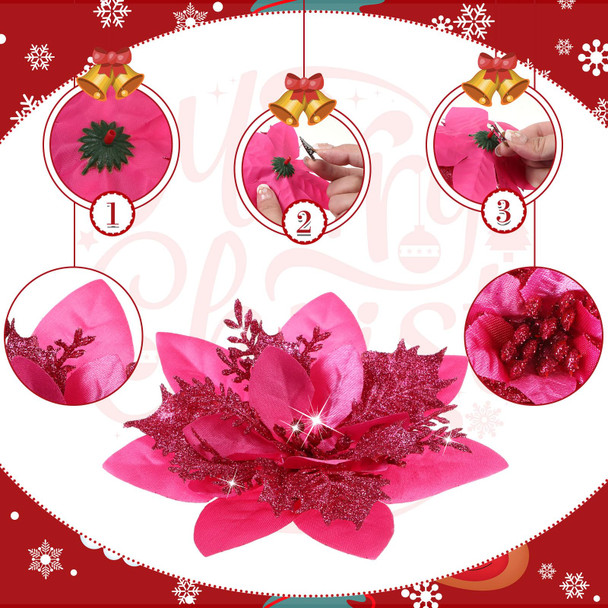 24 Christmas Glitter Artificial Poinsettia Flowers Xmas Poinsettia Artificial Wedding Flowers Decorations Xmas Tree Ornaments with Clips for Party Favors, 6 Inch, 4 Inch, 3 Inch (Fuchsia)