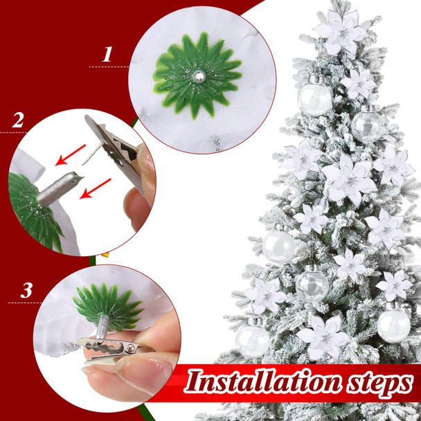 49 Pcs Christmas Tree Decoration Set Include Christmas Tree Topper, 24 Pcs Glitter Christmas Flowers 3 Sizes, 24 Pcs 2.36 Inch Christmas Ball Ornaments for Tree Holiday Party Decorations (White)