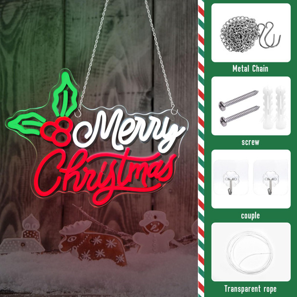 Merry Christmas Neon Signs，Dimmable Christmas LED Light Sign XMAS Holly Berries Neon Light For Holiday Party Home Bar Festival Wall Decor USB Powered