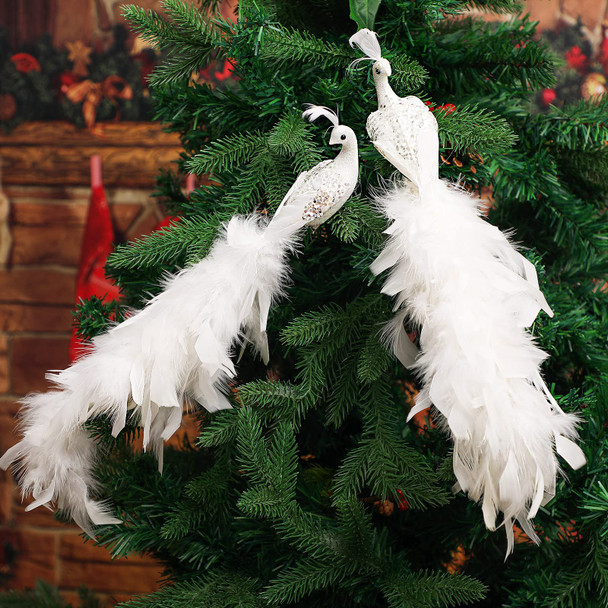 2 Pcs Peacock Christmas Tree Ornaments Long Tail Feather Peacock Christmas Decorations Glitter Peacock Bird Clip On Ornament for Xmas Tree Decor (Simple Style)