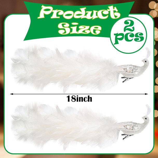 2 Pcs Peacock Christmas Tree Ornaments Long Tail Feather Peacock Christmas Decorations Glitter Peacock Bird Clip On Ornament for Xmas Tree Decor (Simple Style)