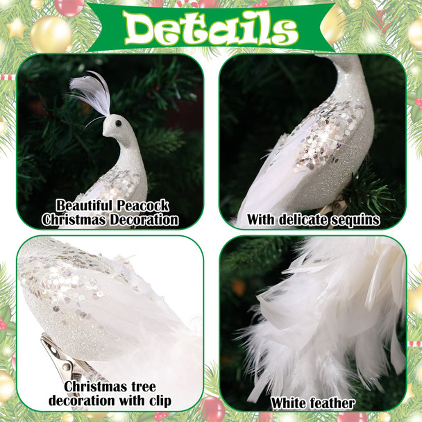 2 Pcs Peacock Christmas Tree Ornaments Long Tail Feather Peacock Christmas Decorations Glitter Peacock Bird Clip On Ornament for Xmas Tree Decor (Simple Style)