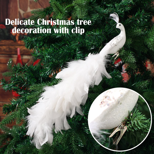 2 Pcs Peacock Christmas Tree Ornaments Long Tail Feather Peacock Christmas Decorations Glitter Peacock Bird Clip On Ornament for Xmas Tree Decor (Simple Style)