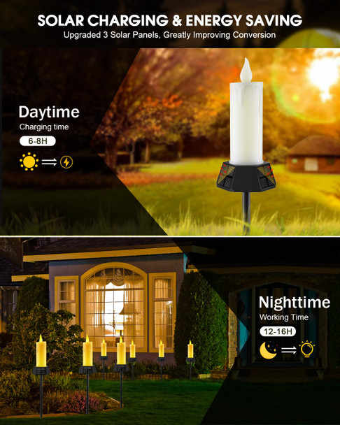 Solar Lights Outdoor Waterproof, Electric LED Flameless Candles with 3 Solar Panels, Solar Pathway Lights for Christmas Outdoor Party Yard Camping Garden Home Decorations, 2 Pack