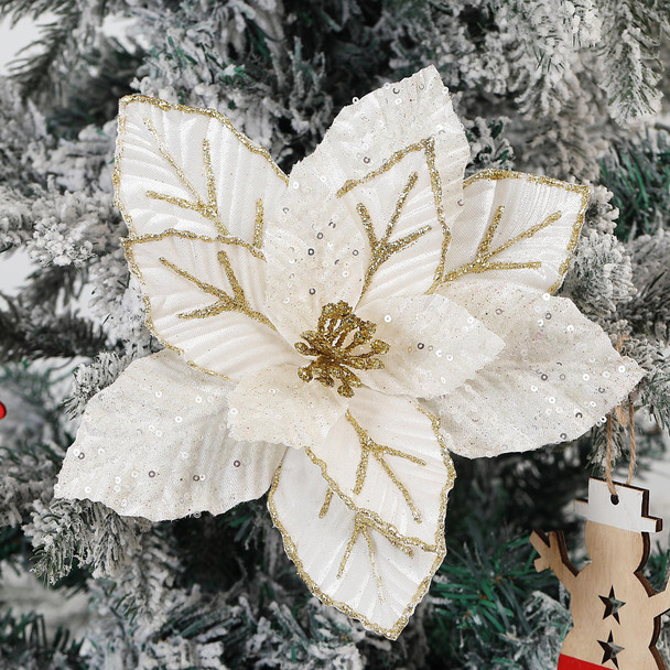 GL-Turelifes 10.7’’ Large Glitter Christmas Flowers 6 Pcs Artificial Poinsettia Flower Ornaments Fold Floral for Christmas Tree Decorations Xmas Tree Year Wedding Centerpiece (Cream White)