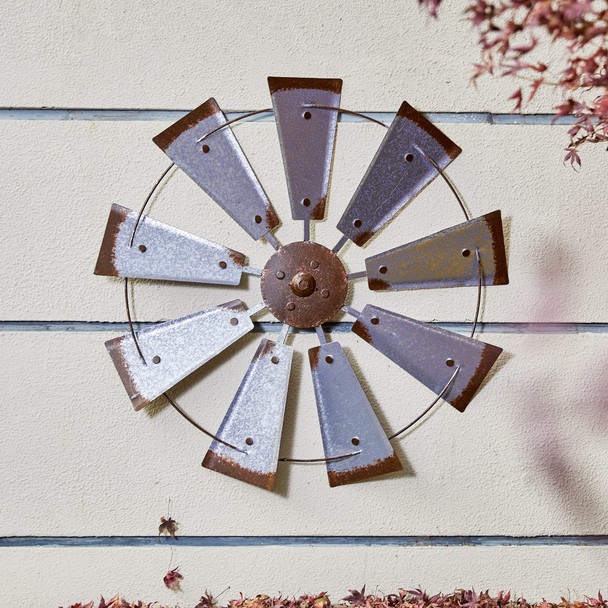 Glitzhome 22" Farmhouse Galvanized Windmill Wall Sculpture Home Decor Rustic Metal Rustic Wall Art Decoration, Silver