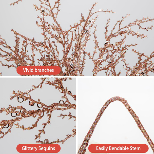 30.7" Christmas Rose Gold Glitter Stems, 5Pcs Artificial Spray Leaf Picks Tall Branches for Christmas Tree DIY Xmas Wreath Garland Arrangment Vase Bouquets Table Centerpieces Decoration Home Decor