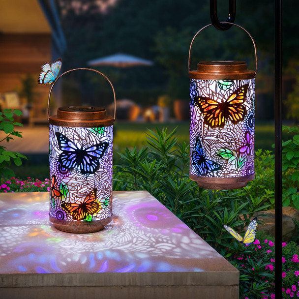2Pack Outdoor Solar Lanterns Waterproof Butterfly Garden s Multicolor Solar Outside Lights Metal Patio Lantern for Yard Decor, Tabletop, Party, Backyard, Porch, Christmas s for Mom Women