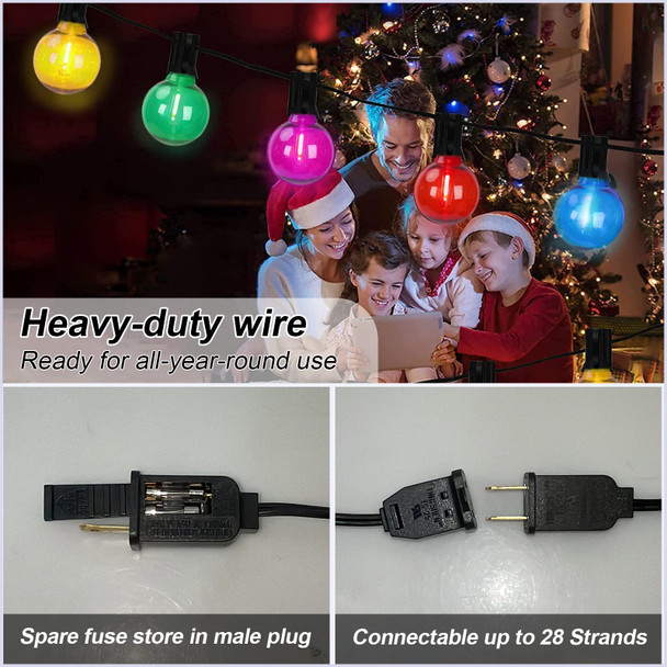 G40 LED Outdoor String Lights，25Ft Globe Multicolor Christmas Decorations String Lights with 27 Shatterproof LED Bulbs, Hanging Outdoor Patio Lights for Outside Backyard Porch Balcony Party- Black