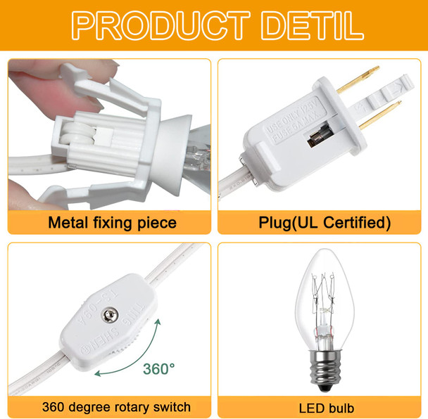 4 Sets Accessory Cord with One Light Bulb, 6 Feet UL Listed White Cord Christmas Village Lights with On/Off Switch Plugs, C7 Clip-in Lamp for Christmas Halloween Craft House Village Salt Lamp Decor