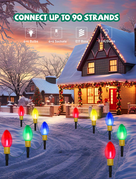 C9 Christmas Multicolor Pathway Lights, 2 Sets 7Ft Outdoor Christmas Pathway Markers Lights with 8 Jumbo C9 LED Multicolor Bulbs, Connectable Christmas Walkway Lights for Driveway Yard Garden Decor