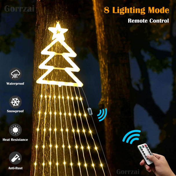 420 LED Outdoor Christmas Decorations Star String Lights Waterproof String Lights with Christmas Tree Topper, 8 Lighting Modes Waterfall Lights for Tree Patio Garden Yard Party (Warm White)