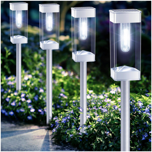 Solar Pathway Lights 8 Pack Solar Outdoor Lights, d Stainless Steel Garden Lights with LED Tungsten Filament Bulb, Waterproof Solar Power Driveway Lights for Landscape Christmas (White)