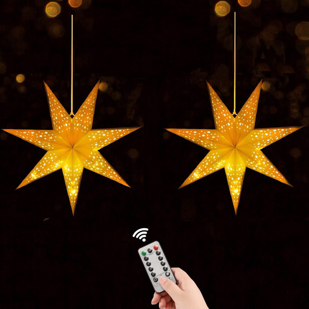24 Inch Paper Star Lantern with 8 Mode 60 LEDs Firework Fairy Lights, 7 Points Paper Star Lantern Foldable, Hollow Out Star Hanging Decoration for Indoor Outdoor Room Wedding Christmas - 2 Pack