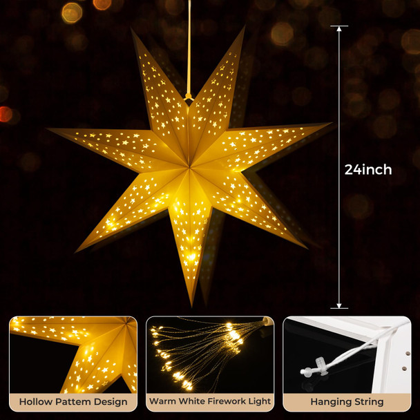 24 Inch Paper Star Lantern with 8 Mode 60 LEDs Firework Fairy Lights, 7 Points Paper Star Lantern Foldable, Hollow Out Star Hanging Decoration for Indoor Outdoor Room Wedding Christmas - 2 Pack