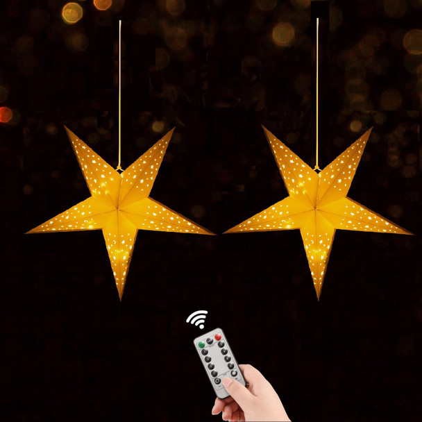 24 Inch Paper Star Lantern with 8 Mode 60 LEDs Firework Fairy Lights, 5 Points Paper Star Lantern Foldable, Hollow Out Star Hanging Decoration for Indoor Outdoor Room Wedding Christmas - 2 Pack