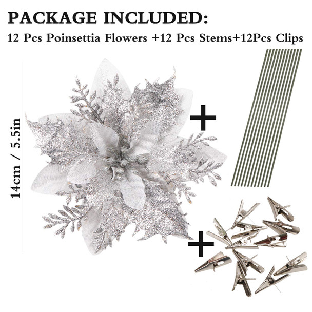 GREENTIME 12 Pcs Glitter Poinsettia 5.5" Artificial Flowers Christmas with Clips Stems Xmas Tree Ornaments for Wedding Party Wreath Decoration (Silver)