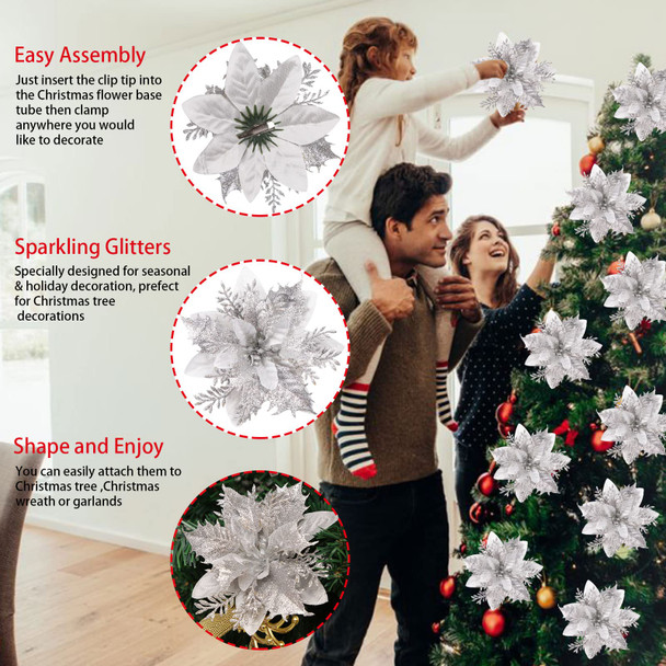 GREENTIME 12 Pcs Glitter Poinsettia 5.5" Artificial Flowers Christmas with Clips Stems Xmas Tree Ornaments for Wedding Party Wreath Decoration (Silver)