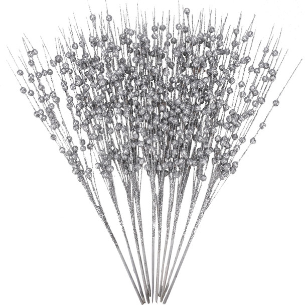 GREENTIME 10 Pack Silver Artificial Glitter Berry Stem Ornaments 15.7 Inches Fake Christmas Picks Decorative Glitter Sticks for Vase Christmas Tree DIY Wreath Crafts Fireplace Decor