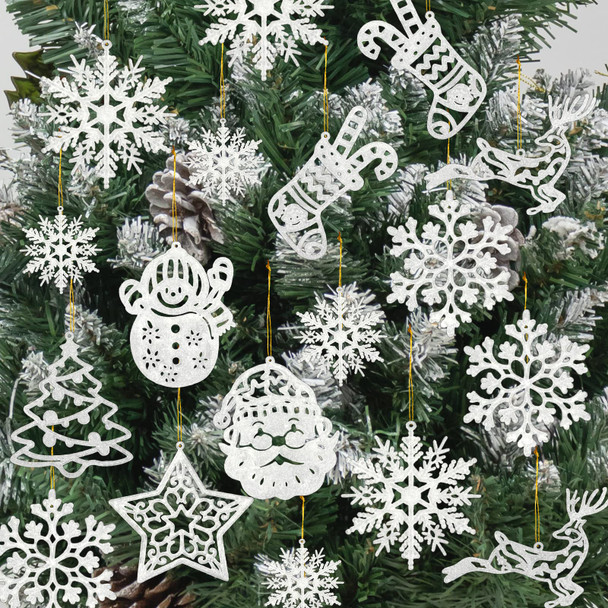 Christmas Tree Decoration Snowflake Ornaments - 42pcs White Glitter Christmas Snowflake Tree Stocking Snowman Reindeer Santa Hanging Ornaments for Xmas Winter Wonderland Holiday Year Party
