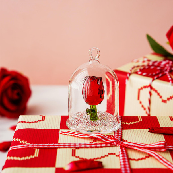 H&D HYALINE & DORA H&D Crystal Rose Flower Figurine Dreams Ornament in a Glass Dome s for her (Red)