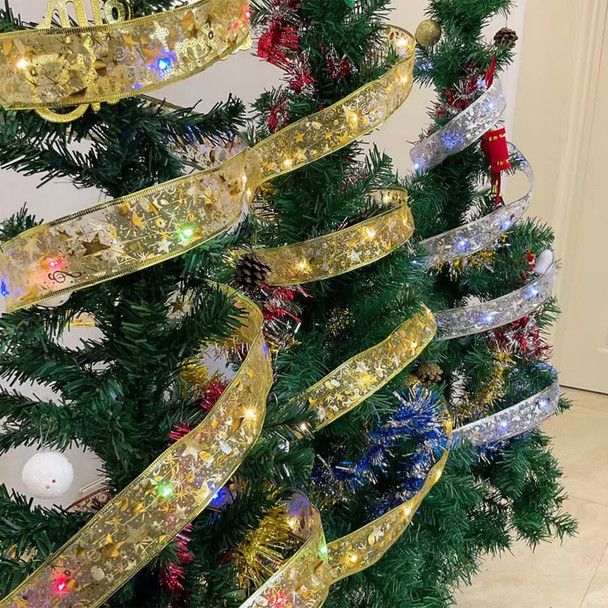Christmas Tree Ribbon Decorations Golden Lights with 50 LED Lights Battery Operated Fairy Lights for Year's & Weddings Parties 17 FT (Warm)