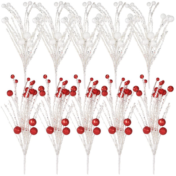 10 Pcs Christmas Decorations Ornaments 12 Inch Xmas Sequins Ball Tree Picks Large Glitter White Snow Spray for Tree Toppers Hanging Christmas Berry Stem for Holiday Party Supplies (Red, White)