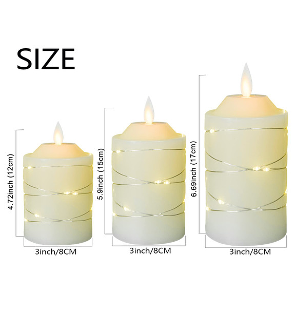 Battery Operated Flameless LED Candles: with Embedded String Lights, 3 Pack Flickering Electric Candle with 10-Key Remote Control for Seasonal Festival Celebration Real Wax(Batteries not Included)