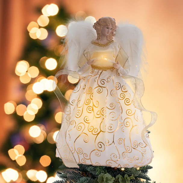 Christmas Angel Tree Topper with LED Light, 14" Angel Treetop Figurine with Dress, Feather Wings, and 10 Lights for Indoor and Outdoor Holiday Decoration, Xmas Home Ornaments - Gold