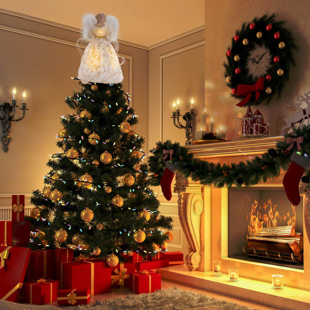 Christmas Angel Tree Topper with LED Light, 14" Angel Treetop Figurine with Dress, Feather Wings, and 10 Lights for Indoor and Outdoor Holiday Decoration, Xmas Home Ornaments - Gold