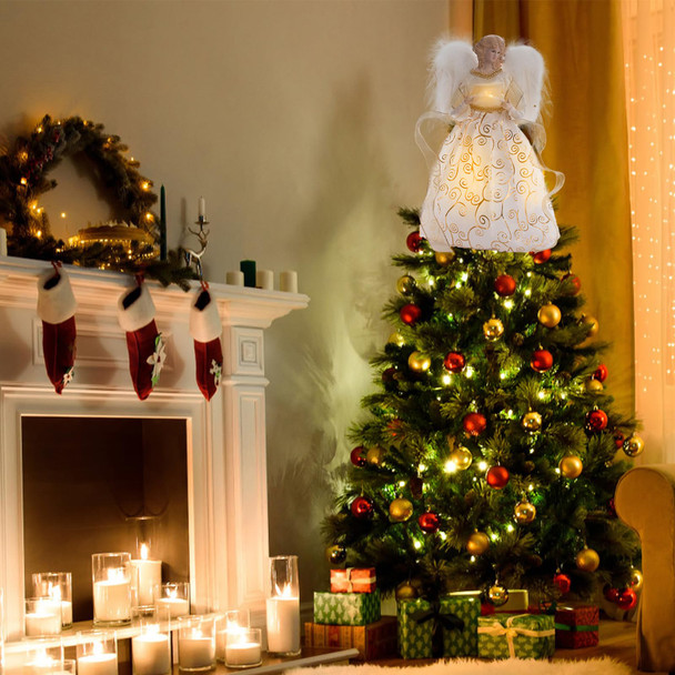 Christmas Angel Tree Topper with LED Light, 14" Angel Treetop Figurine with Dress, Feather Wings, and 10 Lights for Indoor and Outdoor Holiday Decoration, Xmas Home Ornaments - Gold