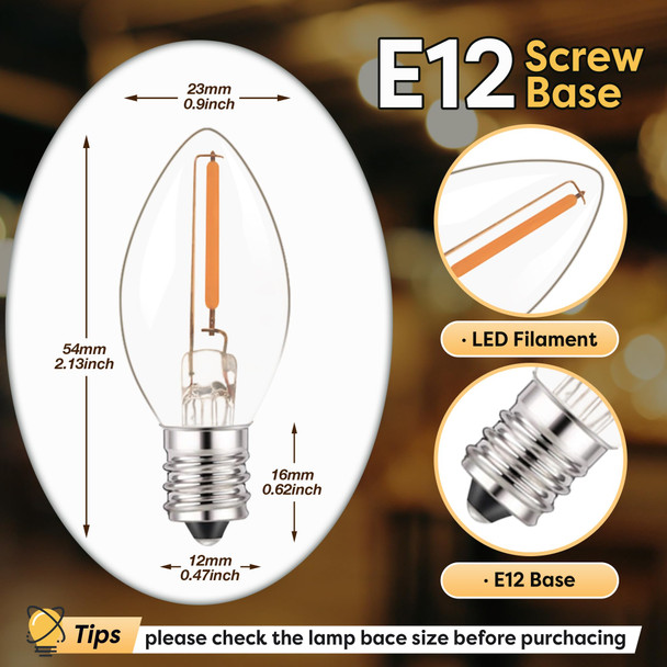 C7 LED E12 Candelabra Bulb Small Edison Candle Night Light Bulbs Salt Lamp Bulbs 0.5W Equivalent 5W 7W Warm White 2700K Clear Bulbs for Chandelier Christmas Light 50 Lumens Non-Dimmable, 6-Pack