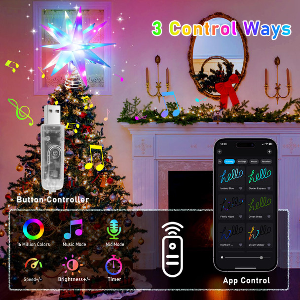 Heceltt Christmas Star Tree Topper,14.6In 60LED Smart RGB Moravian Star Light, Bluetooth App Control-Music Sync Color Changing LED Christmas Tree Light Indoor Decor