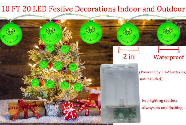 Festival Lights 10 Ft 20 LED, Green String Lights, Christmas Decorations Indoor Outdoor Christmas Tree for Griinchs, Christmas Decor for Topper Garden Lawn Fence Yard Holiday Party