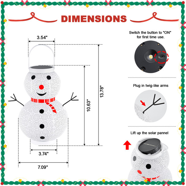 Christmas Decorations Solar Lantern - Hanging Snowman Solar Lantern Outdoor Waterproof , Metal Standing Solar Powered LED Lantern Decorative Lights for Outside Garden Yard Porch - White