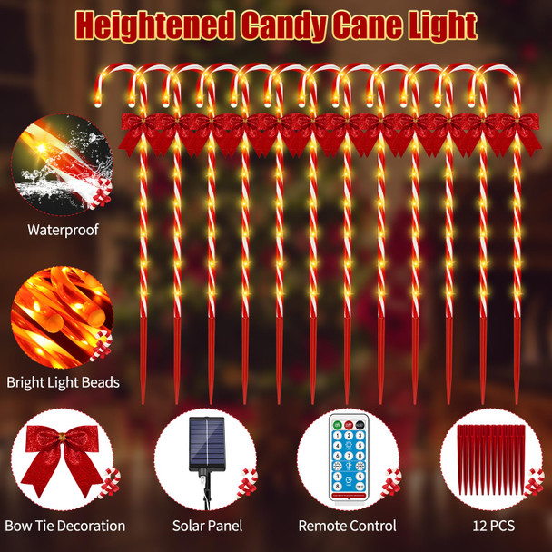 Christmas Solar Candy Cane Pathway Lights, 12Pcs 120 LED 40" Christmas Lights Outdoor Decorations with Red Bow Waterproof, 8 Modes Timer Remote Christmas Walkway Lights for Xmas Yard Lawn Patio Decor