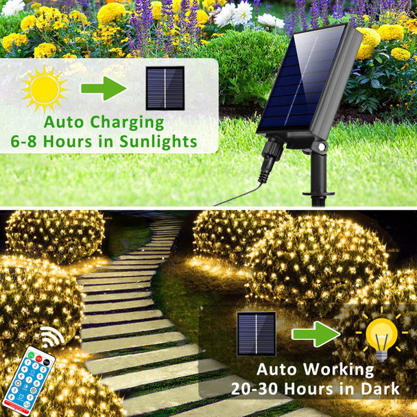 Solar Net Lights Outdoor, 240 LED Warm White Mesh Lights Waterproof, 11.5 ft x 5 ft 8 Modes Green Wire String Lights with Remote for Bushes Trees Patio Garden Shrubs Christmas Decoration