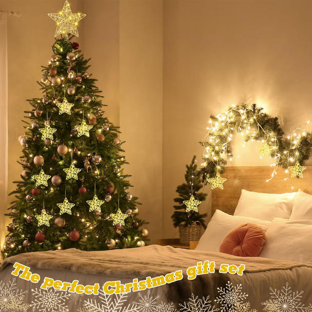 Hiboom 10 Pcs Lighted Christmas Tree Topper Star Decorations 2 Pcs 10'' Hollow Christmas Star and 8 Pcs Star Ornament Battery Operated Christmas Star Build in 20 LED for Holiday Indoor Christmas Decor