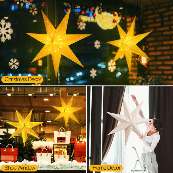 Hiboom Paper Star Lantern 24 Inch, 8 Mode 50 LEDs Firework Fairy String Lights, Light up Hollow Out Star Hanging Decoration for Indoor Outdoor Room Wedding Christmas Party(2 Pack)
