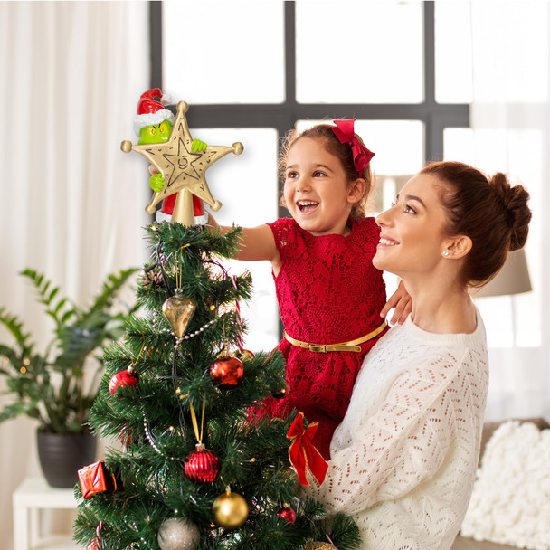 10 inch Christmas Tree Topper, Cute and Funny Christmas Thief Hiding Behind Gold Star Sculpted Tree Topper, Hand-Painted Unique Red Green Xmas Monster Decorations for Table Shelves Home Indoor