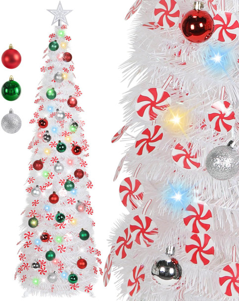 HMASYO 5 FT Pop Up Candy Cane Christmas Tree with Timer Lights and Decorations, Tinsel Christmas Tree with Candy and 24 Balls Ornament, Collapsible Pencil Tree Xmas Decoration for Home, Office, Party