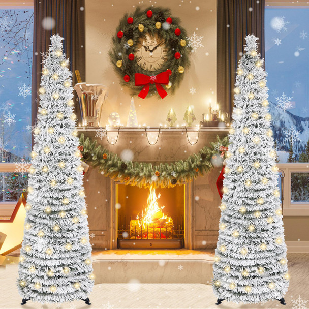HMASYO 5 FT Pop Up Snow Flocked Christmas Tree with Timer Lights, Collapsible White Pine Pencil Christmas Tree, Artificial Slim Xmas Tree Holiday Decoration for Home, Office, Party, Easy Assembly