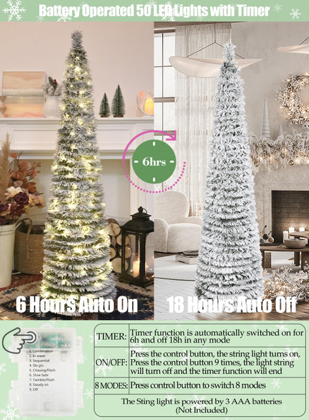 HMASYO 5 FT Pop Up Snow Flocked Christmas Tree with Timer Lights, Collapsible White Pine Pencil Christmas Tree, Artificial Slim Xmas Tree Holiday Decoration for Home, Office, Party, Easy Assembly