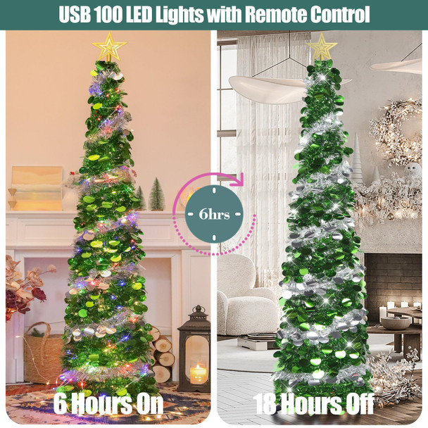 HMASYO 6 FT Pop Up Tinsel Christmas Tree with 100 Colored Timer Lights & Remote, Green Sliver Collapsible Artificial Pencil Tree Xmas Decoration for Home, Office, Party, USB Powered, Easy Assembly