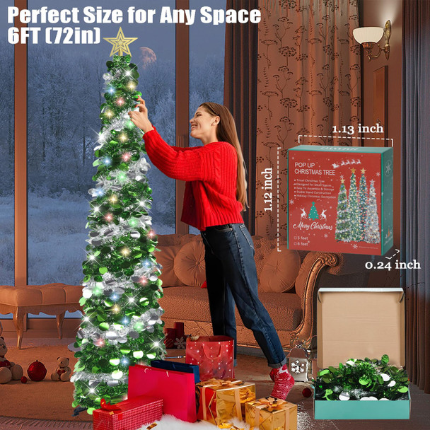 HMASYO 6 FT Pop Up Tinsel Christmas Tree with 100 Colored Timer Lights & Remote, Green Sliver Collapsible Artificial Pencil Tree Xmas Decoration for Home, Office, Party, USB Powered, Easy Assembly