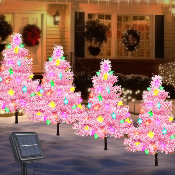 4 Pack 2.2FT Solar Christmas Tree Lights Decorations Outdoor, 8 Modes Christmas Pathway Lights with 80 Star LED Lights, Waterproof Christmas Pathway Lights for Patio Garden Lawn Holiday Decor, Pink