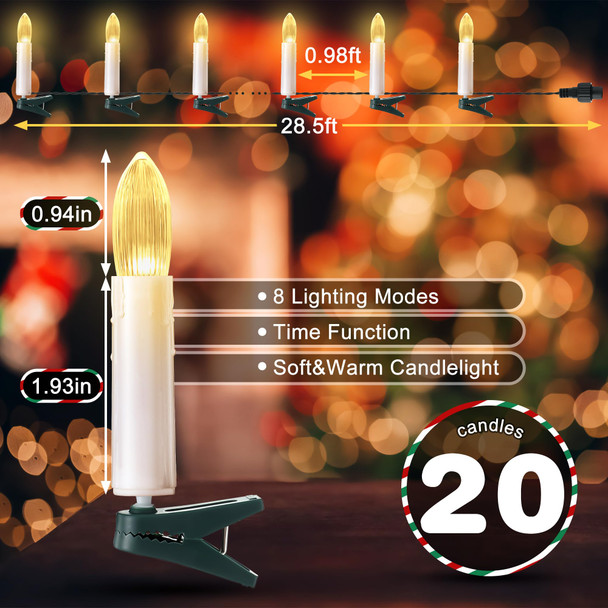 20 Pcs LED Christmas Tree Candle Lights,Flickering Clip on Flameless Candles with Timer and 8 Modes,Christmas Tree Candle Lights Plug in for Xmas Holiday Wedding Parties Indoor Decor(White)