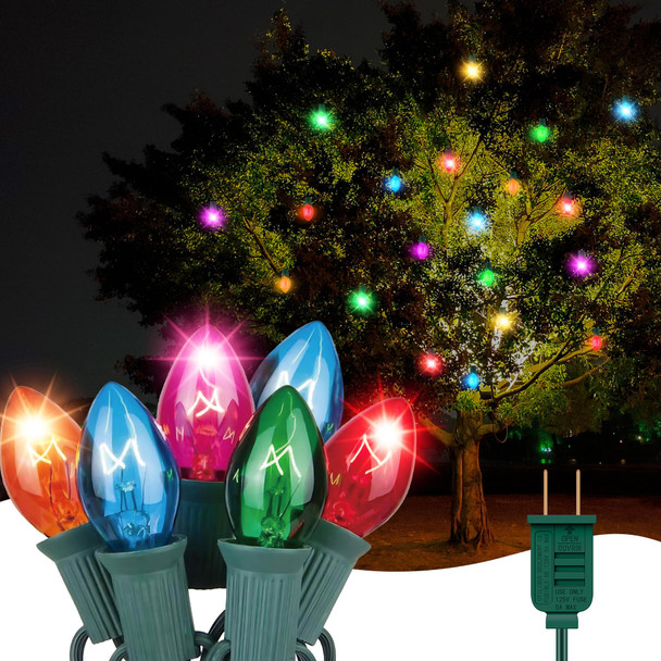 C7 Twinkling Christmas Lights, 63ft Multicolor Lights for Christmas Tree, Waterproof 25 Pcs C7 Bulbs E12 Base Christmas String Lights Extendable for Around Houses Fences Windows Tree Decoration