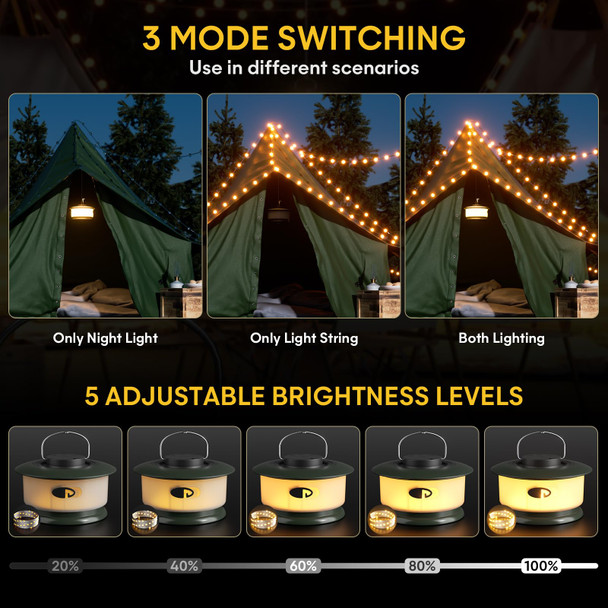 Hokone Camping String Lights,Rechargeable Camping Lights String with 4 Lighting Modes,Waterproof LED Hanging Camping Tent Light,USB String Lights Outdoor for Halloween,Christmas(1-Pack)