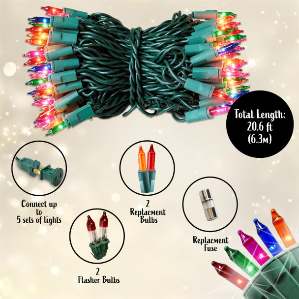 Multi Color Christmas String Lights, 100 Incandescent 20 Feet Green Wire Indoor Outdoor Waterproof Holiday Christmas Tree Lights Set with Static & Flashing Twinkle Function Connectible Plug in